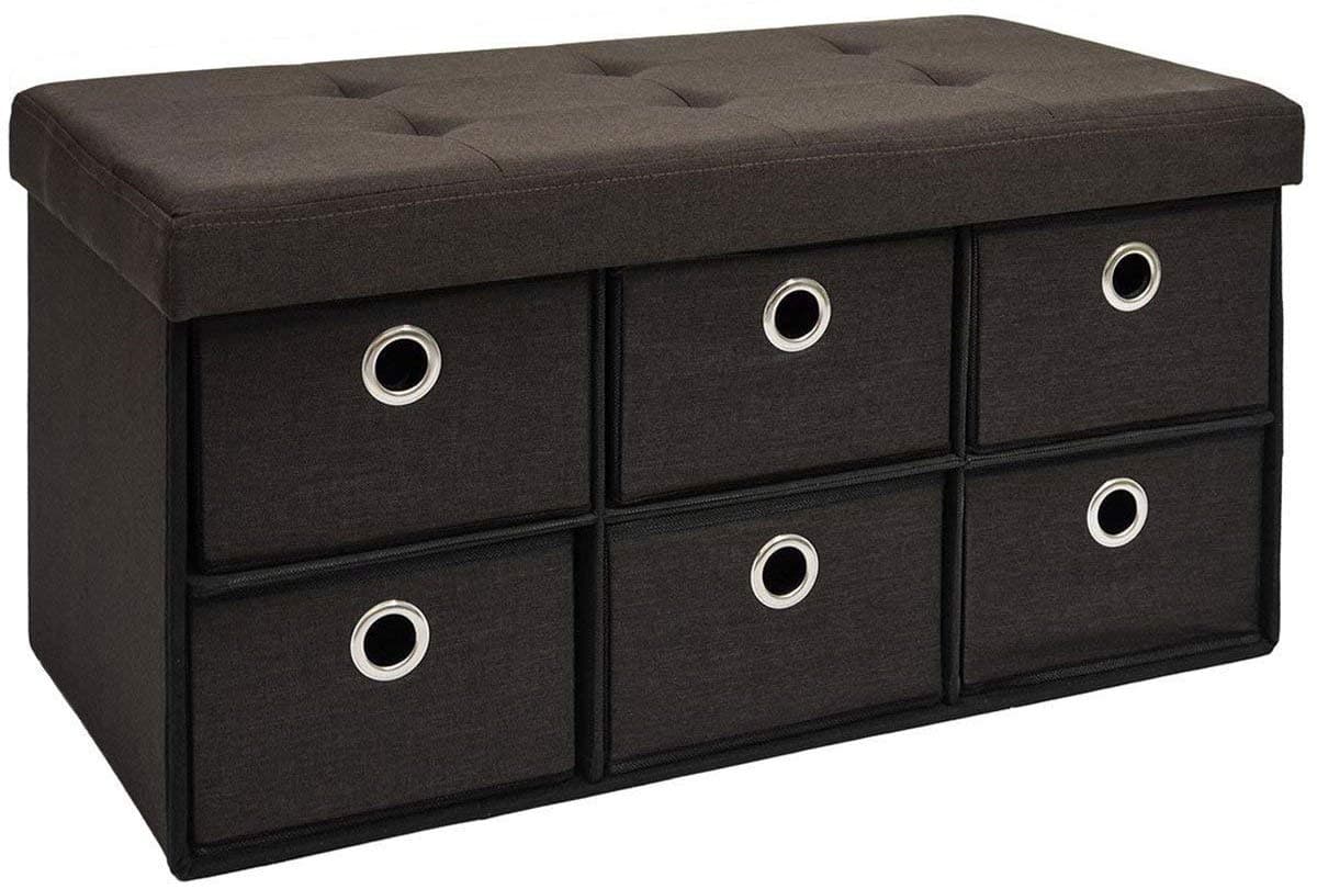 DuneDesign folding Ottoman 76x38x38cm 6 drawers 80L rectangular Storage Bench upholstered lid seat for 2 container to store objects Dark Brown