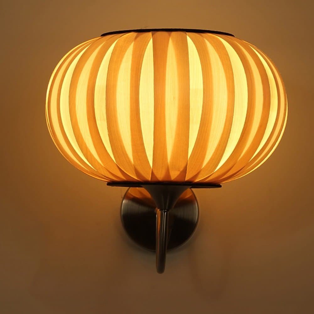 Creative thin Wood Wall Lamp Pumpkin shape Sector Veneer wall Lights Hand knitting process Iron paper base Teahouse balcony corridor yard lamp Bedroom Wall Light (wood) (Design : A)