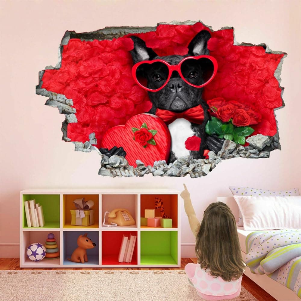 3D Smashed Decal, Jack Russell Terrier Removable Vinyl Art Peel and Stick Sticker, Love Theme Wall Tattoo Girls Kids Bedroom Nursery Room Decor Mural Home Decor 35"W x 24"H