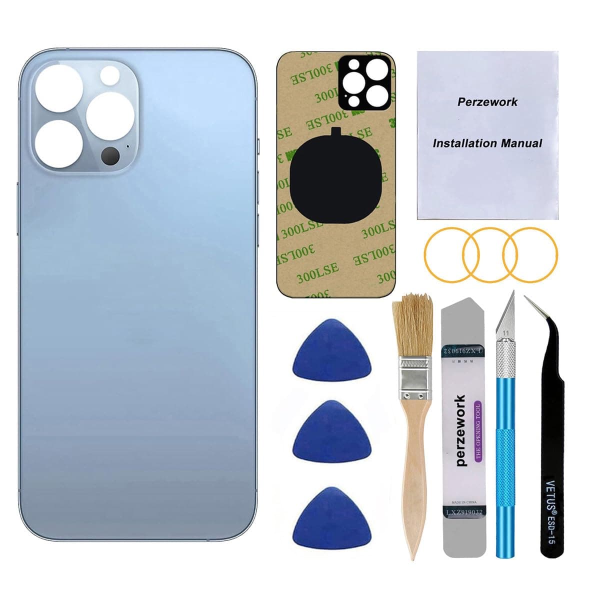 OEM Rear Cover Back Glass Replacement for iPhone 13 pro max 6.7 inch All Carriers with with Installment Manual and Professional Repair Tool Kits（Sierra Blue