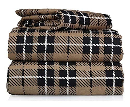 Piece 100% Soft Flannel Cotton Bed Sheet Set – King Size – Patterned Bedding Covers – 1 Flat Sheet, 1 Fitted Sheet, 2 Pillow Cases - Fade Resistant Designs, (Brown Plaid, king)