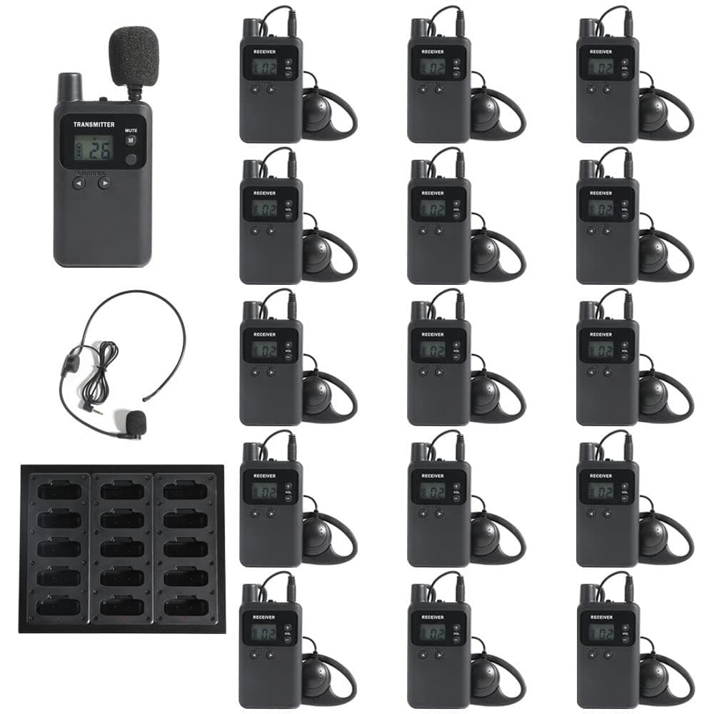 AGJ Wireless Tour Guide System Rechargeable 1 Transmitter 15 Receivers 1 Charger Simultaneous Interpretation System Court Church Translation System for Training Factory Tour Group Teaching Conference