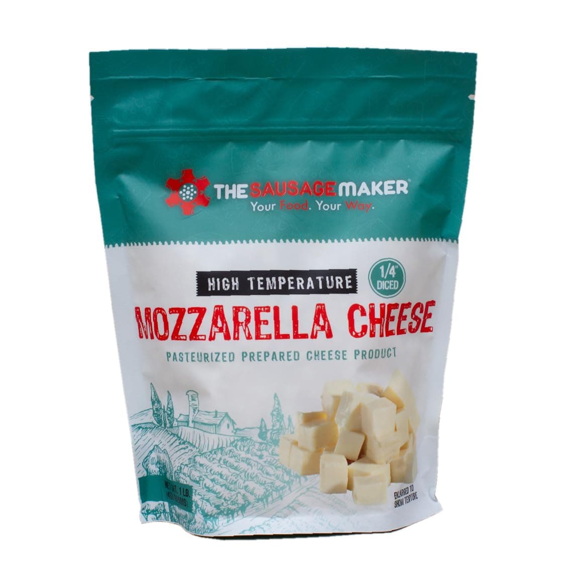 The Sausage Maker® High Temp Mozzarella Cheese 1 Lb Hi-Temp Cheese For Sausage Making, 1/4" Diced Cube, 400° Temperature High Heat Cheese For Grilling, Salami, Snack Sticks, Summer Sausage