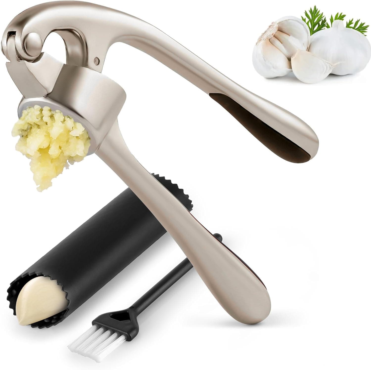 Kitchen Premium Garlic Press Set - Rust Proof & Dishwasher Safe Professional Garlic Mincer Tool with Soft,Silicone Garlic Peeler & Brush, Easy-Squeeze, Easy-Clean
