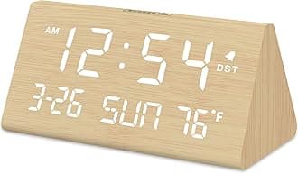 DreamSky - Digital Alarm Clock for Bedroom, Wooden Desk Clock with Date, Day of the Week, USB Port, Temperature, Dimmer for Bedside, Living Room, Office, Volume