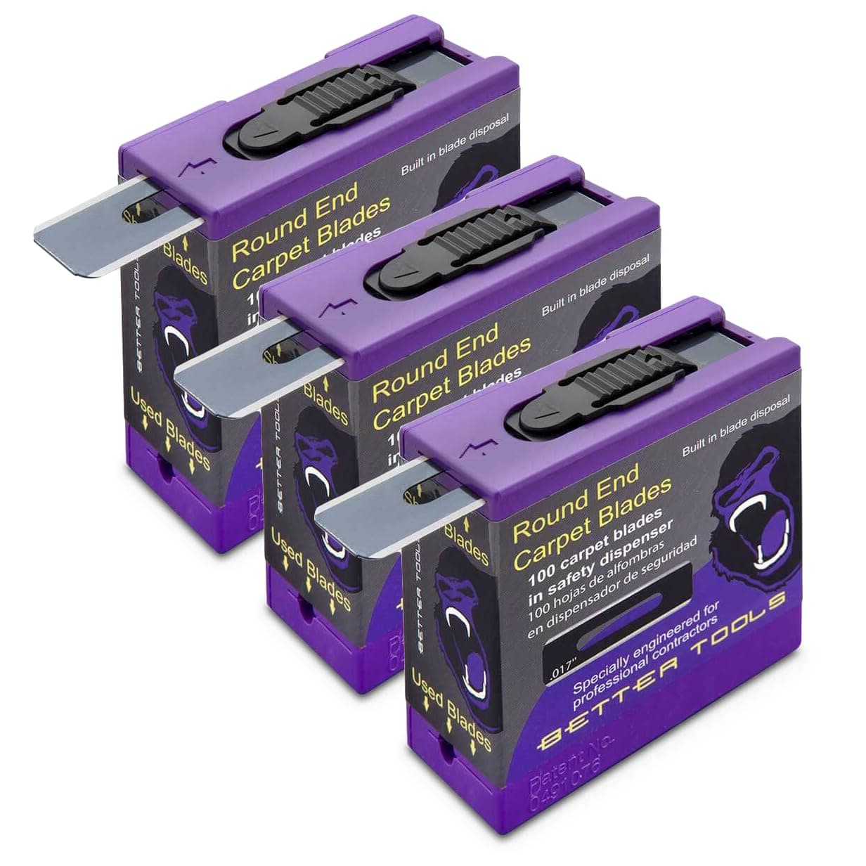 Better Tools 3G Extreme Round End Carpet Blade - 3 Packs - 100 blades/Pack - Professional 0.01” Thick Steel Replacement Blades with Safety Dispenser for Carpet Knives