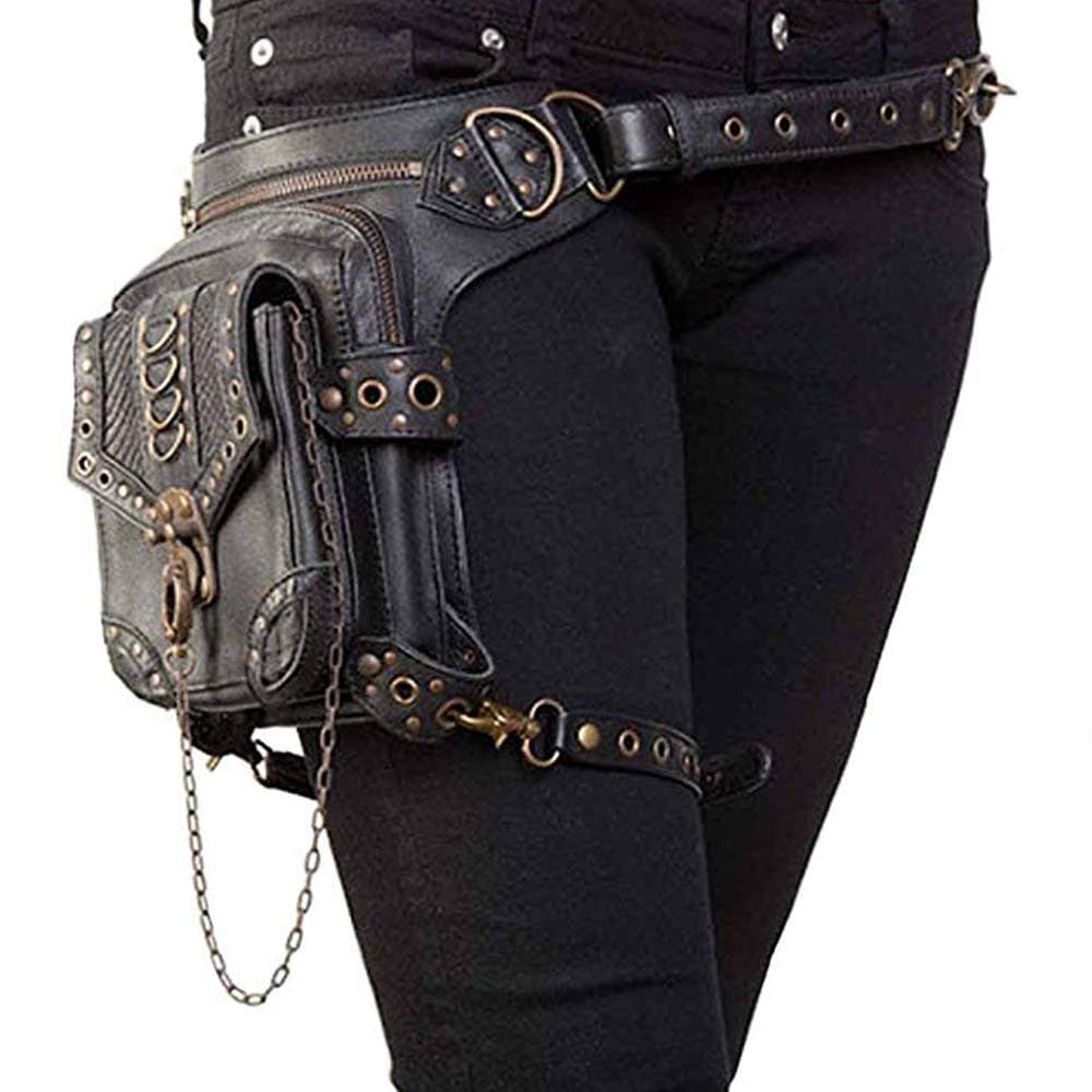 Malayas Steampunk Bag，Multi Functional use and （Waist/Shoulder/Leg） Multiple Ways of Wearing and Using Bag Gothic Unisex,Punk Style/Rock Style/Black