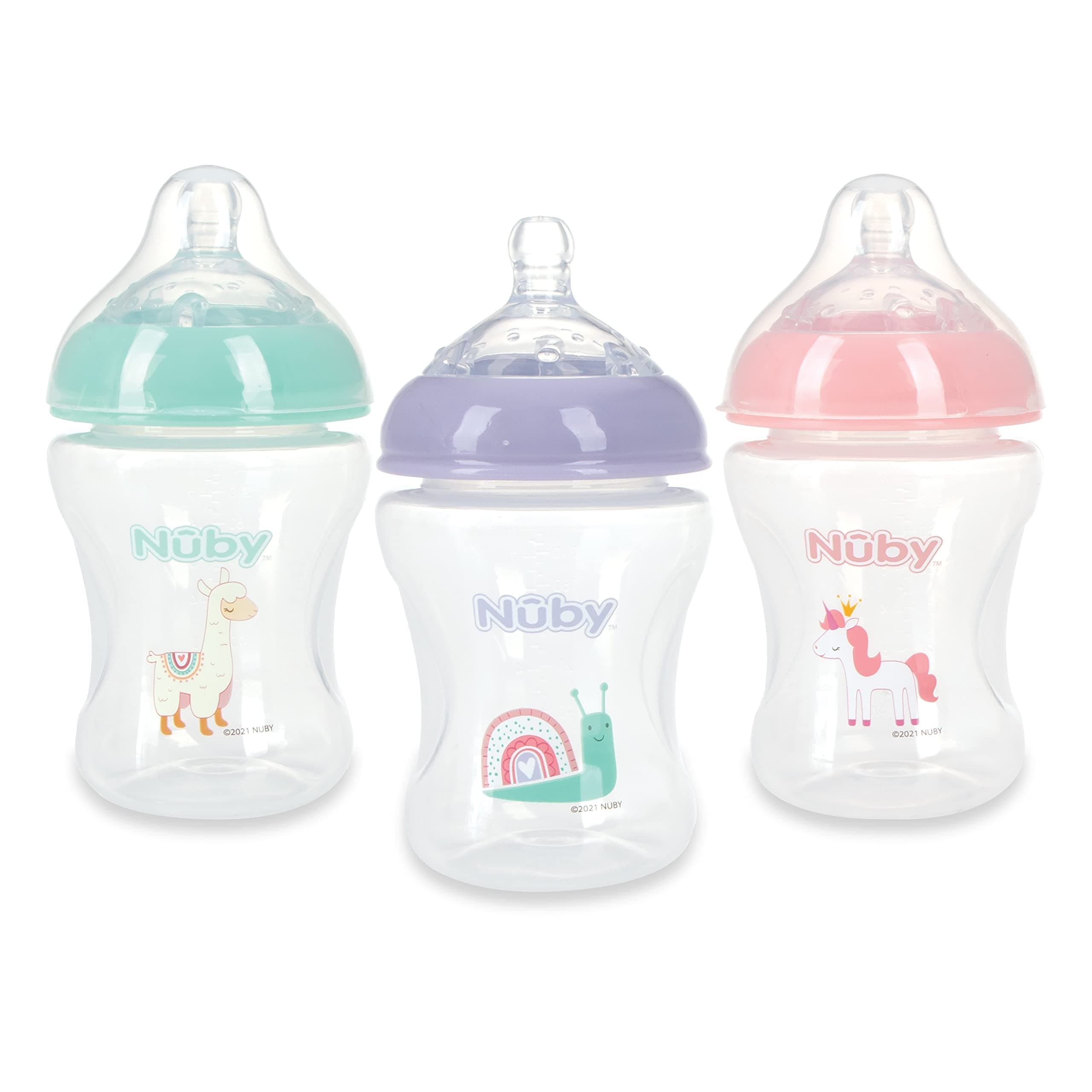 3-Pack Infant Feeding Bottles with Slow Flow Breast Size Silicone Nipple: 0+ Months, 8oz, 3 Pack Set: Delicate Llama, Snail, Unicorn Prints