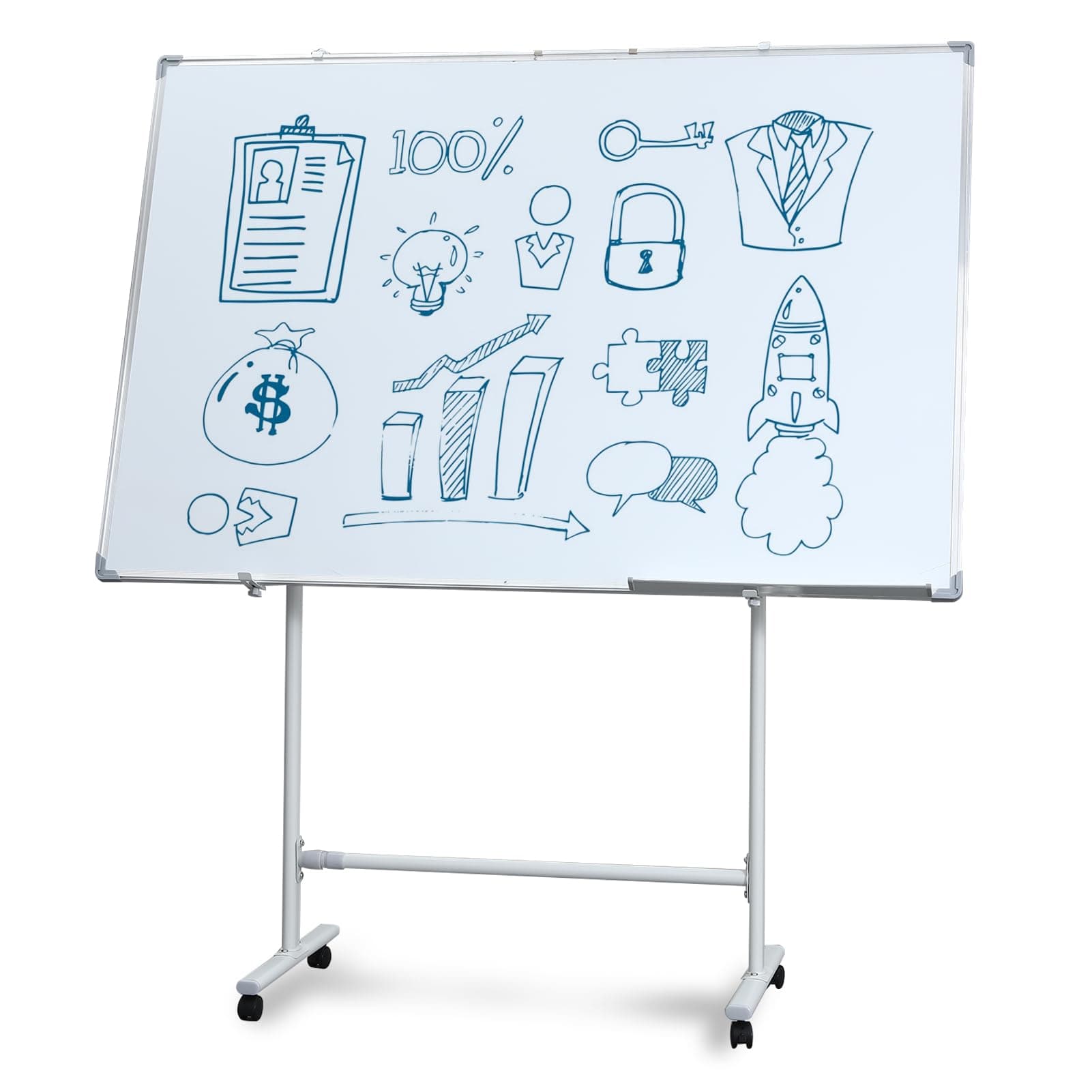 Beauenty Whiteboard, Double Sided Magnetic Whiteboard, Rolling White Board with Wheels, Adjustable Height and Angle Dry Erase Board, 100x150cm (Style 1)