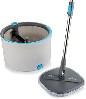 Minky Opti-Clean Spin Mop, 360° Spin & Rinse & Wringing System, Reusable Powerful Microfibre Velcro Pad, Dual Cavity 2L Bucket with Sturdy Handle, Light Grey Bucket with Dark Grey Trim & Blue Accents