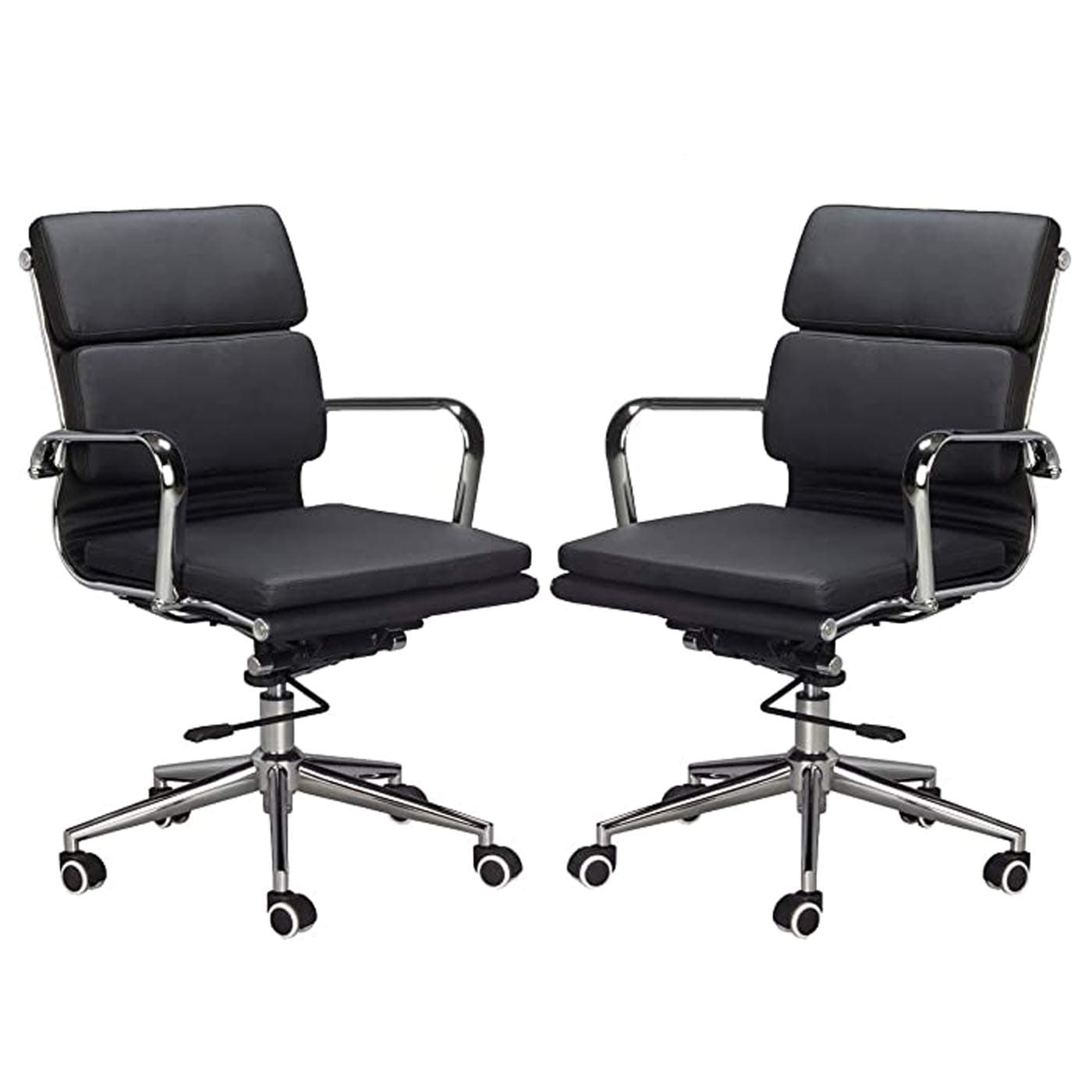 Classic Replica Padded Seat and Back Cushion Medium Back Office Chair - PU Leather Thick high Density Foam, stabilizing bar Swivel & Deluxe Tilting Mechanism (Black, Set of 2)
