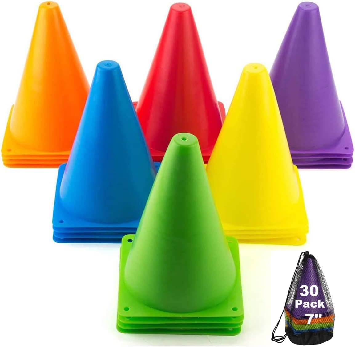 Tebery 30 Pack Sports Training Cones, Plastic Marker Training Traffic Cones, for Skate, Soccer, Football, Outdoor Games, Physical Education and Festive Events, Assorted Colors, 7 Inch