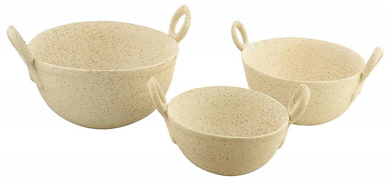 WOODENCLAVE Ceramic Handmade Serving Sauce Kadhai Set with Handle Serveware for Modern Kitchens Home - (Set of 3, Beige)