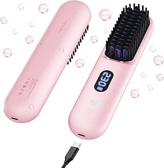 Cordless Hair Straightener Brush-Portable Straightening Comb, 9600mAh Batt, Plasma Tech, 9 Temp-Settings & LED Display, for Travel & Home, Pink