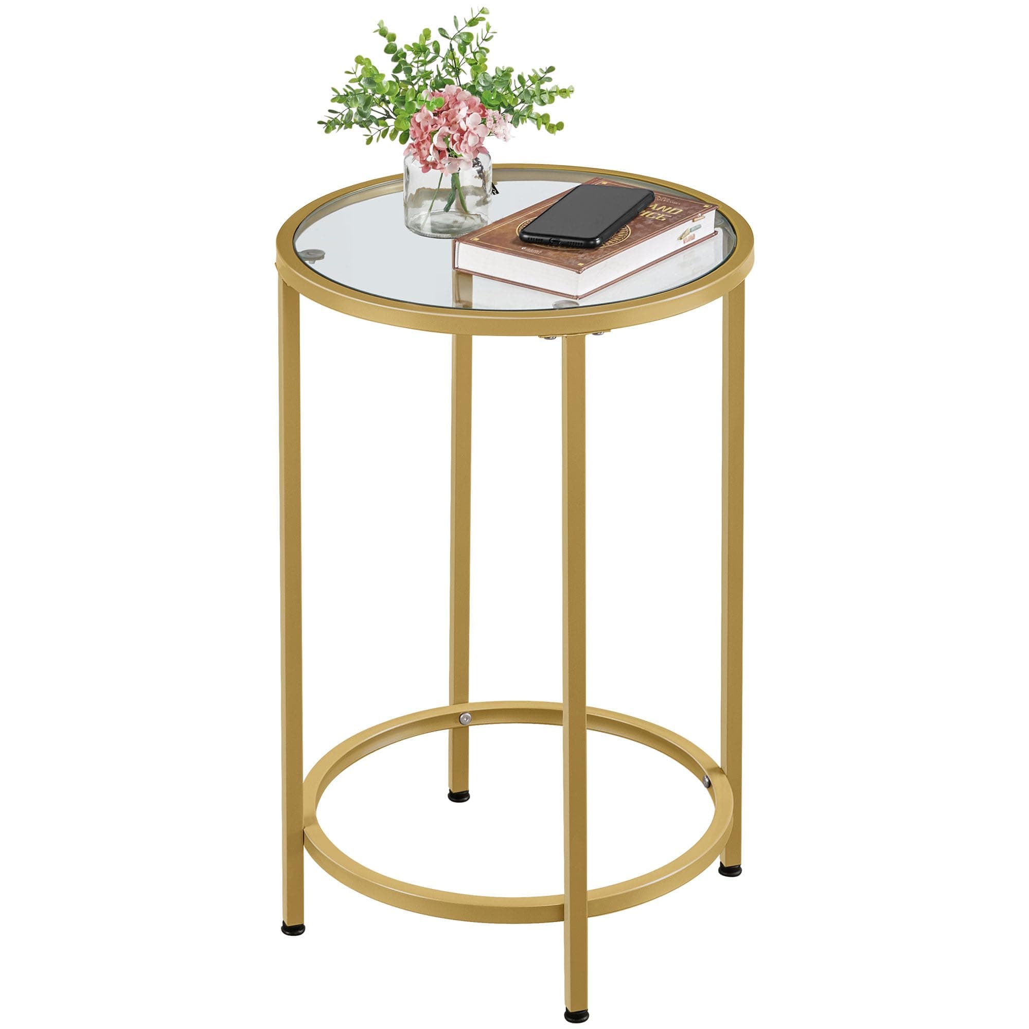 Yaheetech Round Side Table, Small Glass Coffee Table With Sturdy Metal Frame, Modern End Table with Tempered Glass Top, Sofa Table for Living Room/Bedroom, Gold