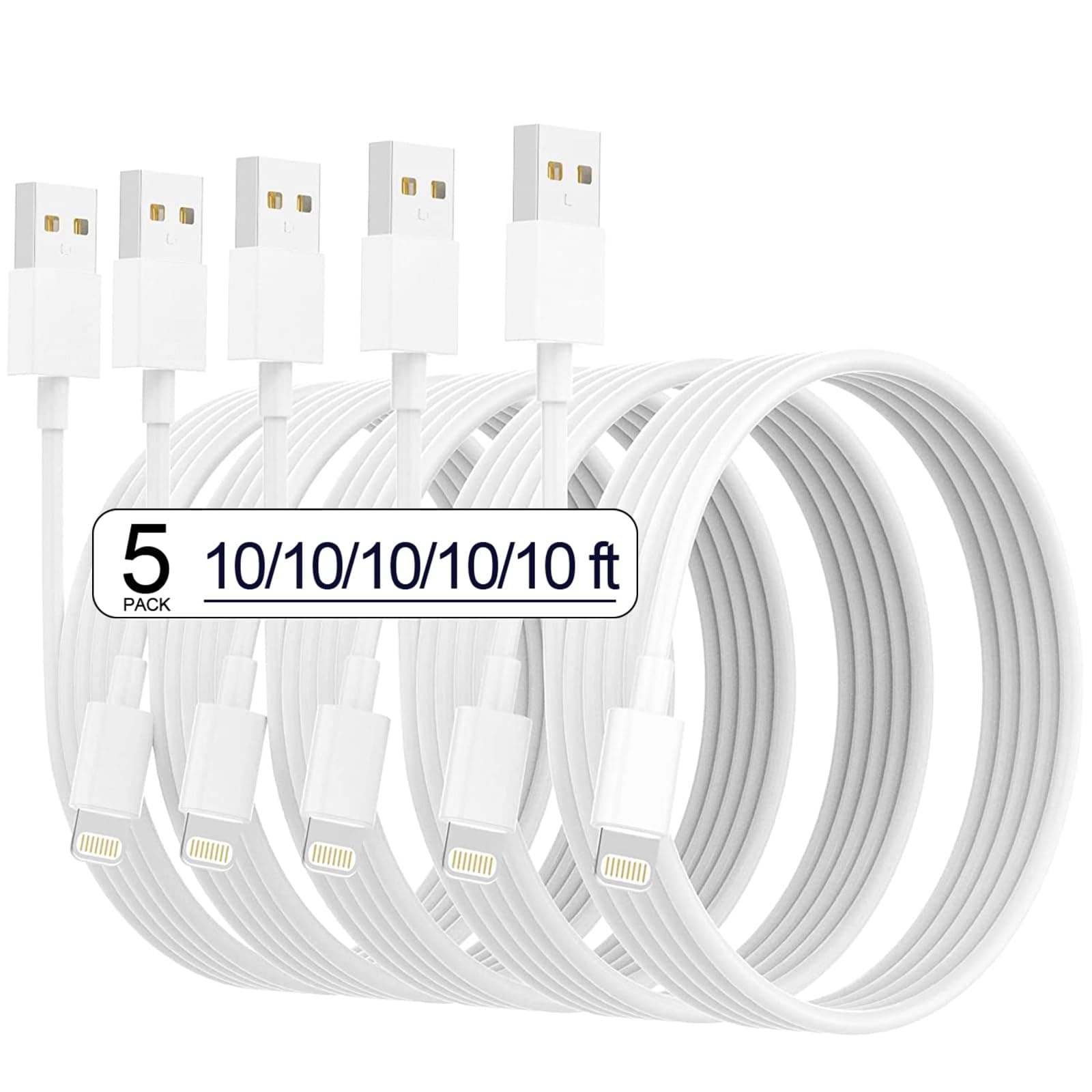 iPhone Charger [Apple MFi Certified] 5pack 10FT Long Lightning Cable Fast Charging High Speed Data Sync iPhone Charger Cord Compatible iPhone 14/13/12/11 Pro Max/XS MAX/XR/XS/X/8/7/Plus iPad (White)