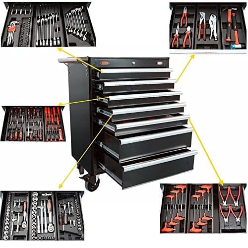 7 Drawer Tool Chest Rolling Cabinet with 175 Pieces Complete Tools 36X21X29 Inches Black