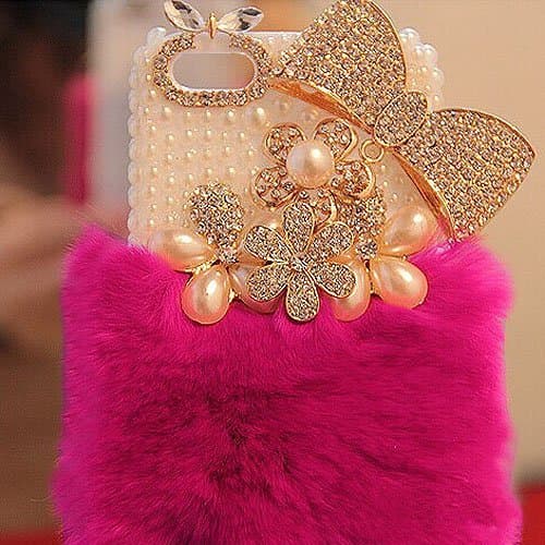 Bling Warm Luxury Rex Rabbit Fur Plastic iPhone Cases Cover For iPhone 6 Plus 5.5 inchs Pearl & Diamond Flower Hot Pink