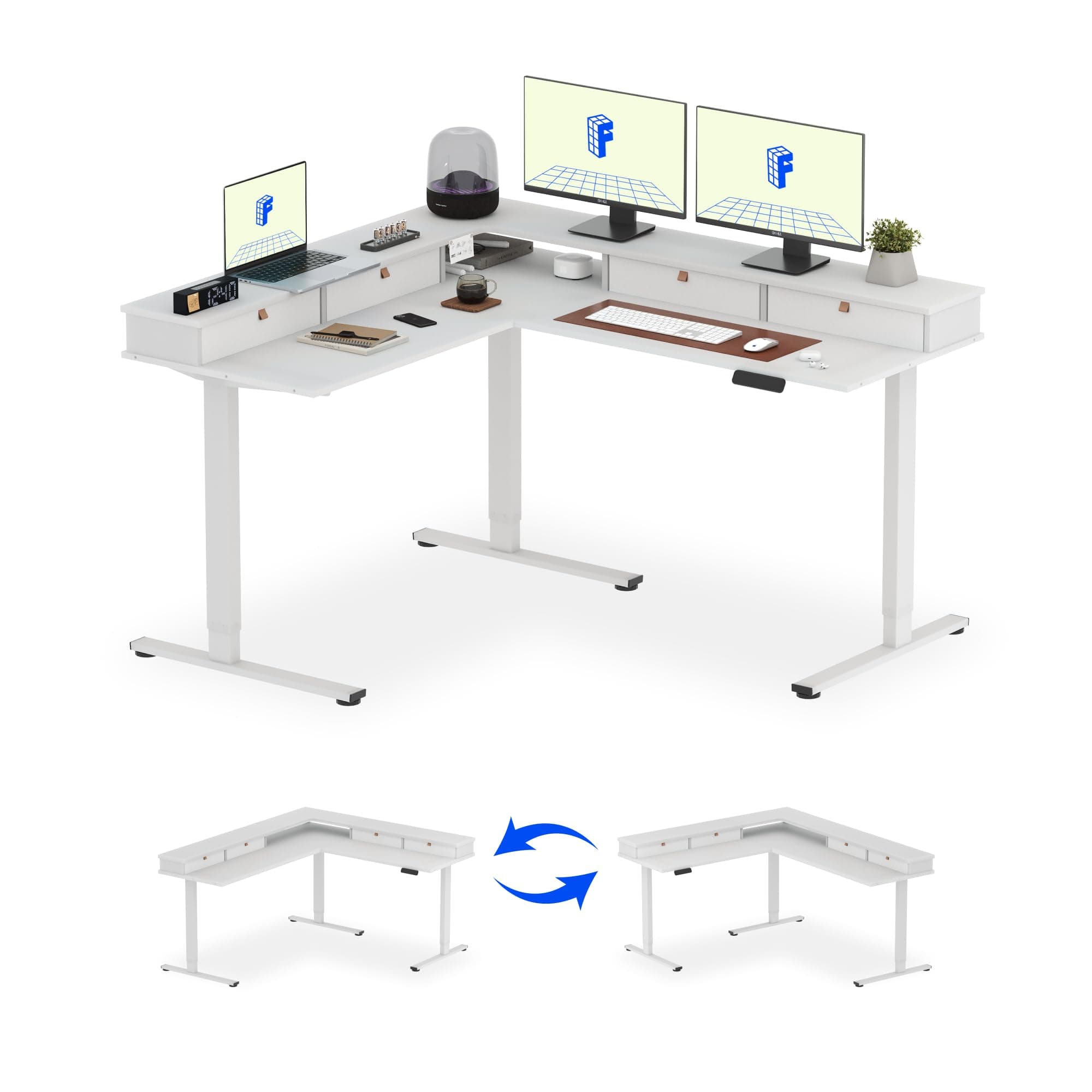 - 63" L Shaped Standing Desk with Shelf Electric Corner Table, Drawers, Adjustable Computer Workstation for Home, Office,63x55in, White Top + White Frame