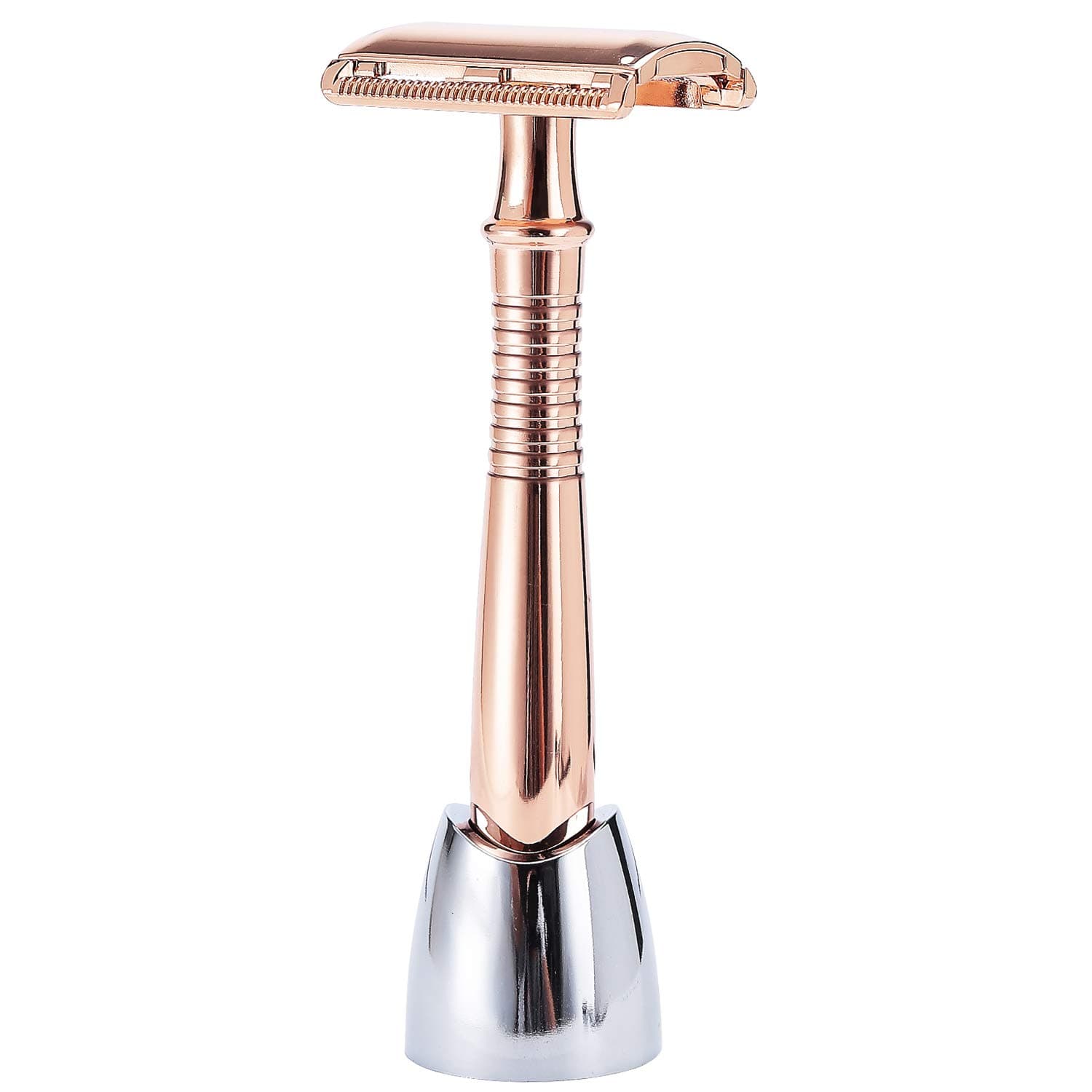 BAILI 3-Piece Double Edge Safety Razor Long Handle Wet Shaving for Men Women with 5 Platinum Blades and Stand Rose Gold BD193G