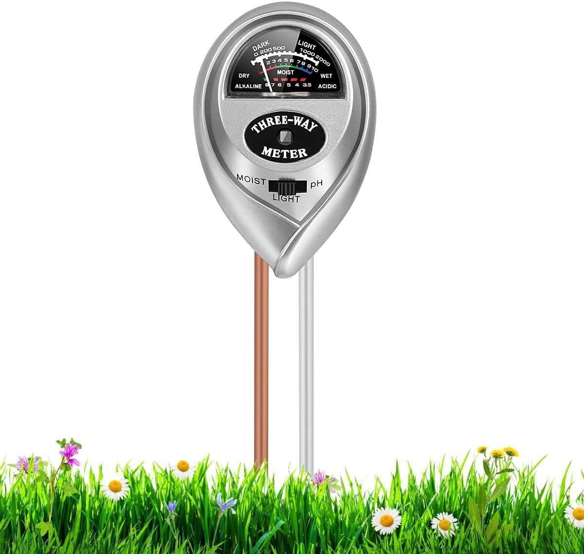 Soil PH Meter, 3-in-1 Soil Moisture/Light/PH Tester Gardening Tool Kits, Plant Care Tools for Garden, Lawn, Farm, Indoor & Outdoor Use, No Battery Required (Silver)