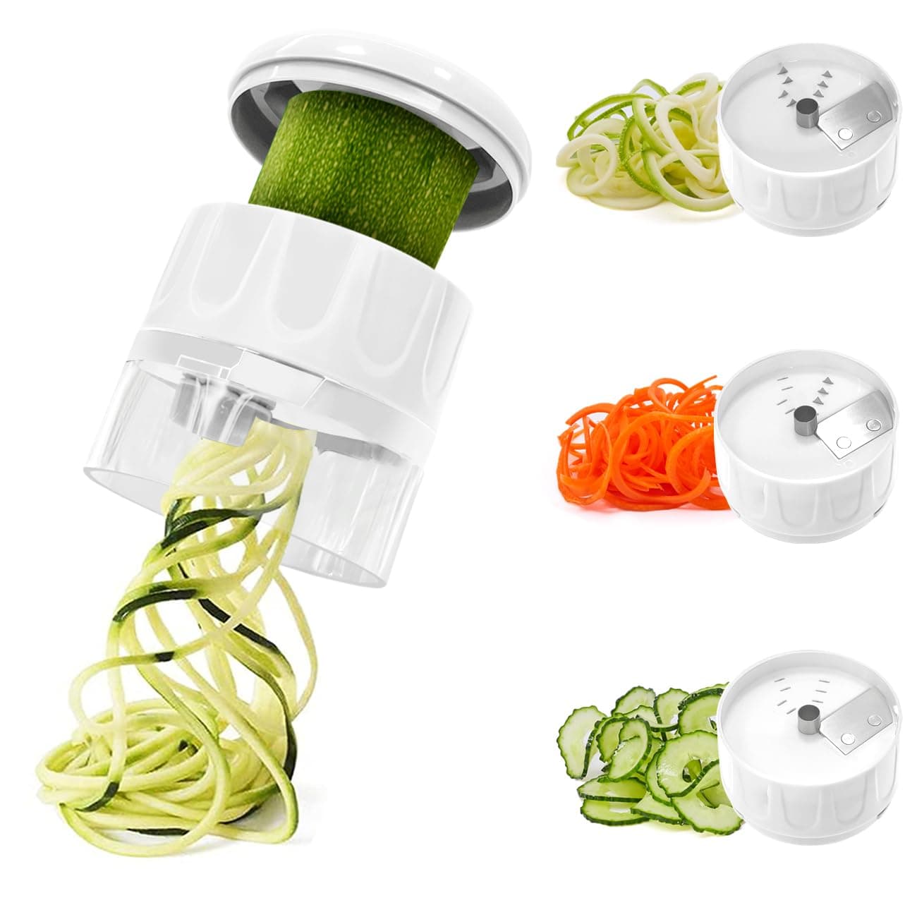 Vegetable Spiralizer 3 in 1 Spiralizer for Veggie Noodles Adjustable Zucchini Noodle Maker Vegetable Chopper for Cucumber, Zucchini, Carrot- White