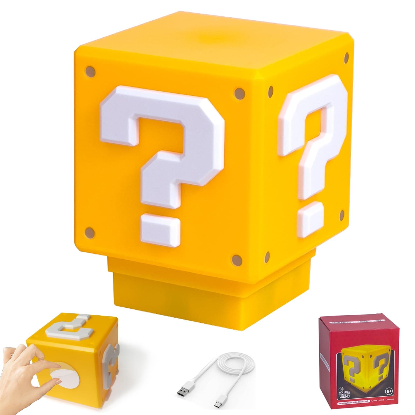 Super Bros Mini Night Light Question Block Toys Night Light for Kids Square Brick USB ith Game Sound Effects Lamp for Desktop as Gifts for Kids Lamps for Bedrooms Boys