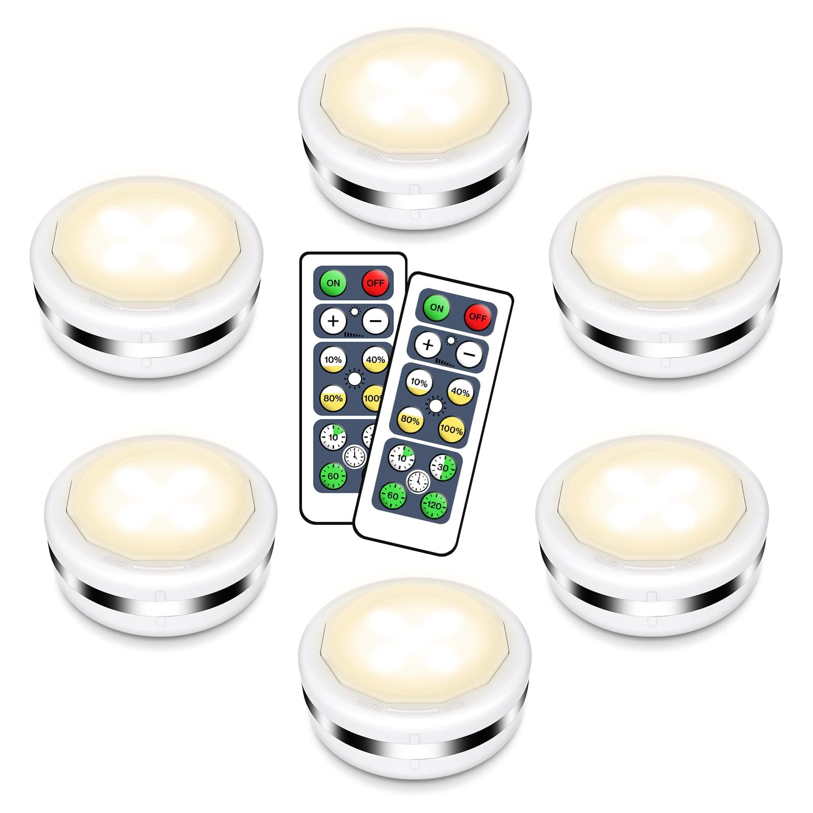 Night Lights 6 Pack Under Cabinet Lights Closet Lighting Wardrobe Cupboard Lights with Remote Controls Battery Powered LED Lights Kitchen Bookcase Showcase Brightness Adjustable Wireless Timer