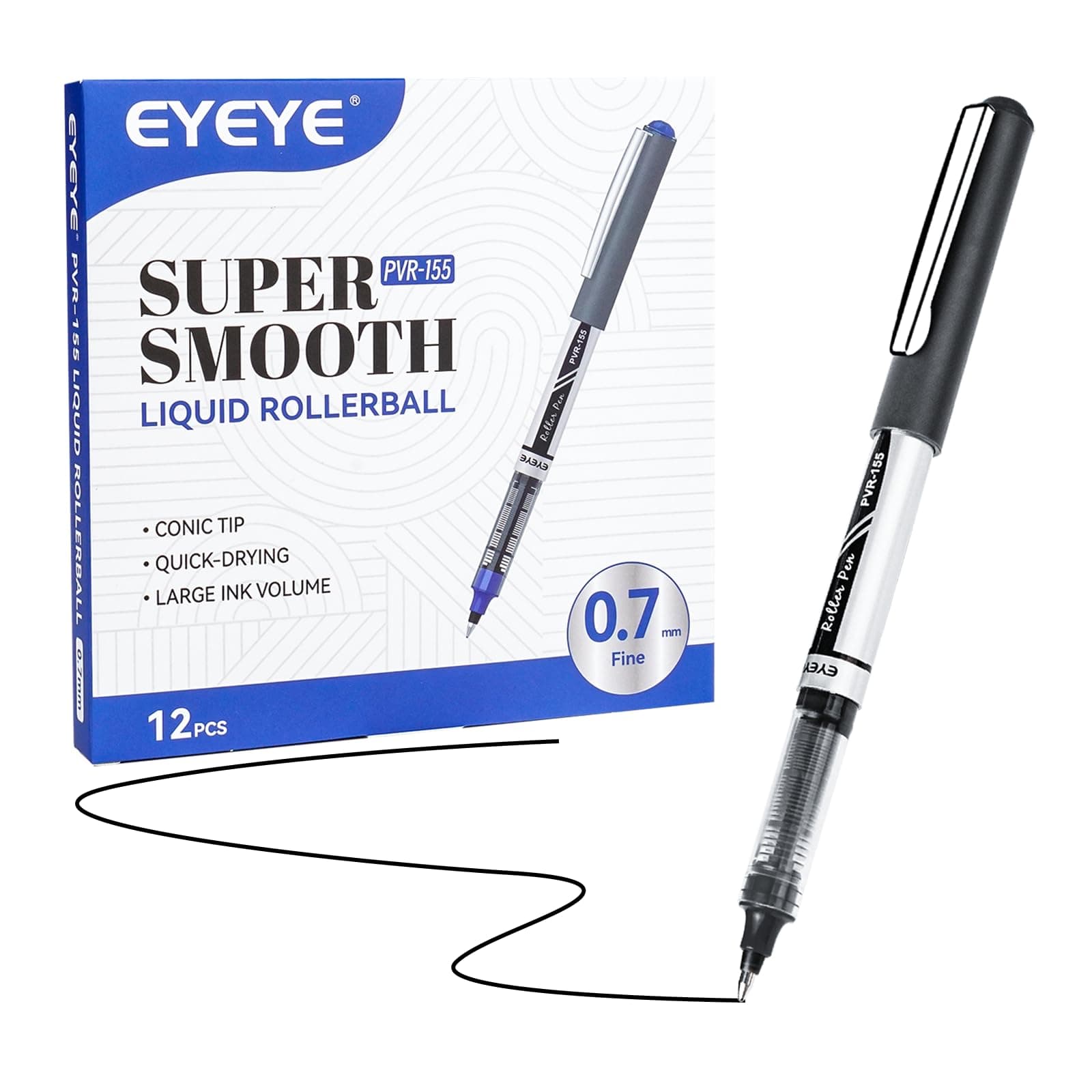 EYEYE Black Rollerball Pens 12 Pack, 0.7mm Medium Point Roller Ball Pen Quick Dry, Liquid Ink Pens Fine Point Smooth Writing Pen for Journaling, Note Taking, Office, School Supplies