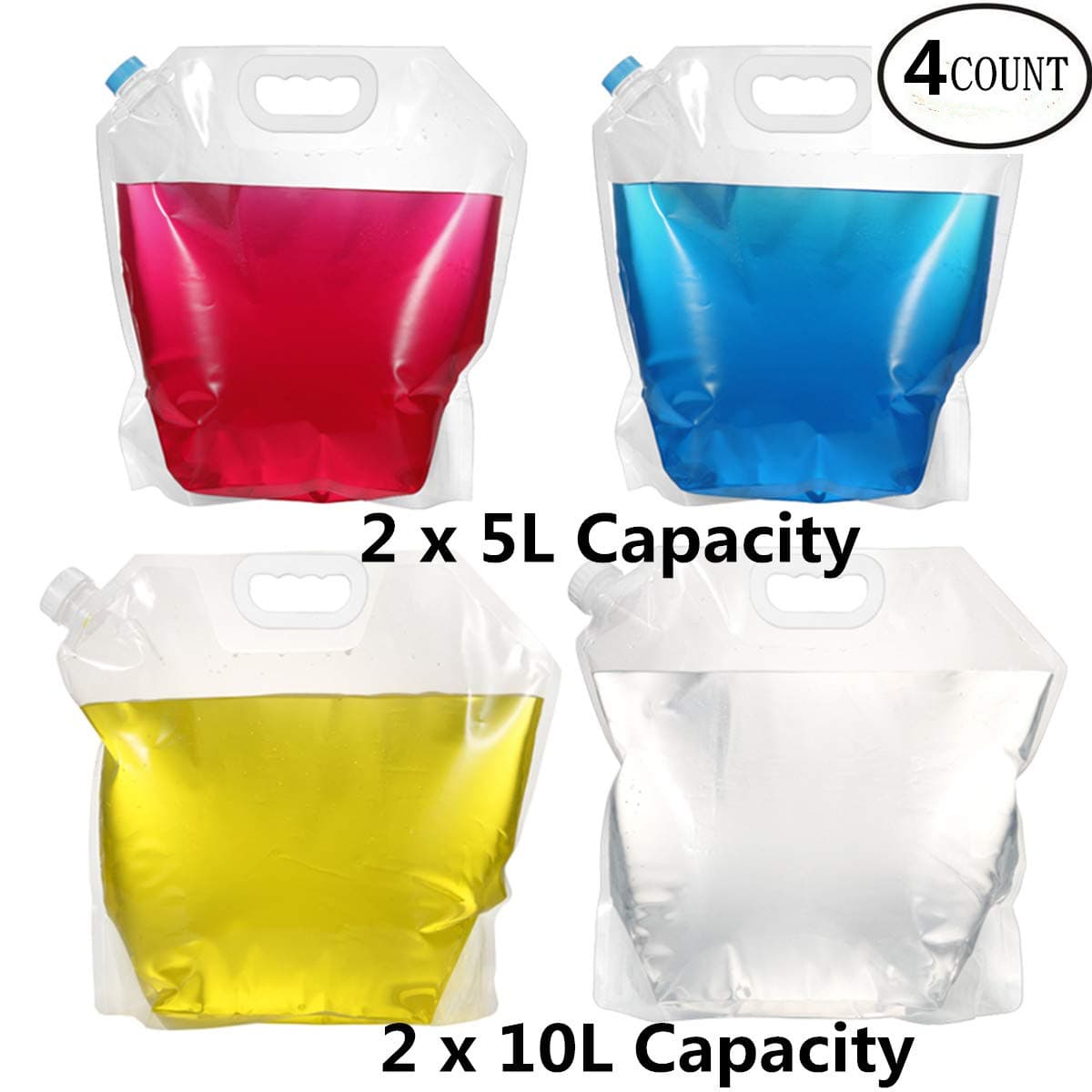 5/10 Liter Water Storage Container 4 Count Collapsible Water Bags, BPA Free Plastic Water Carrier for Sport Camping Riding Hiking Mountaineer, Food Grade (2 x 5 L+ 2 x 10 L)