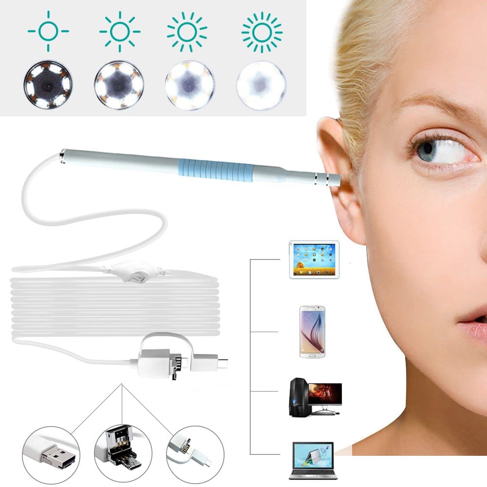 3 in 1 Borescope Inspection Camera USB Ear Cleaning Endoscope Waterproof Visual Earpick with Adjustable Led Earwax Clear Remover Tool for OTG Android Micro USB, PC, MAC, Blue&White