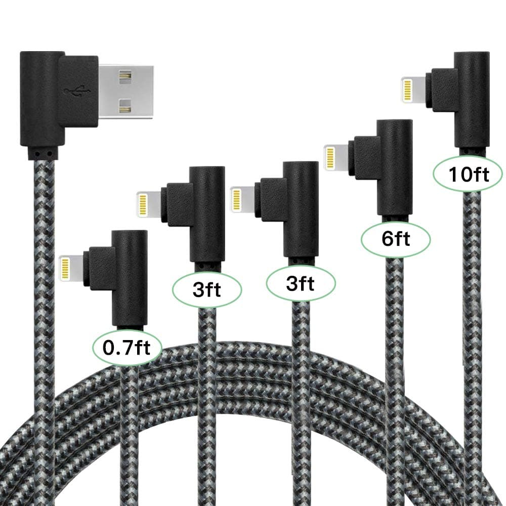 [5Pack] iPhone Fast Charger,90 Degree 0.7FT/3FT/3FT/6FT/10FT Extra Long Nylon Braided Charging & Syncing Cord Compatible with iPhone 12/11/Pro/Xs Max/XS/XR/7/7Plus/X/8/8Plus/6S/6S Plus (Black Gray)