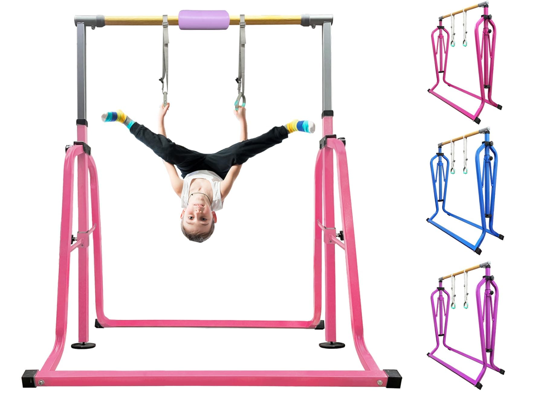 Foldable & Moveable Gymnastics Horizontal Bar with Rings,3’to 5’Adjustable Height Expandable Junior Kip Bar for Home,Indoor Gym Equipment for Kids (Foldable Light Pink with Rings)