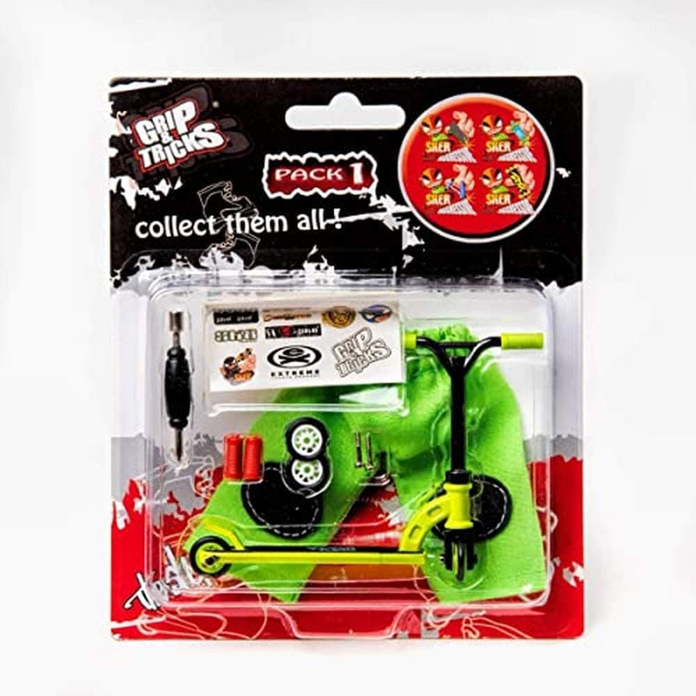 Grip and Tricks - Finger Scooter Green Pack 1 with 2 Extra Wheels 3 Tools for Freestyle Finger Scooter and Accessories for Mini Fingerboards - Finger Toy 10 Pieces from 6 Years
