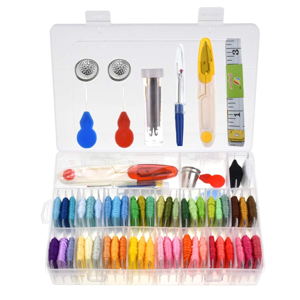 KOKNIT Embroidery Floss with Organizer Storage Box 50 Random Colors Craft Friendship Bracelet Thread Pre Wound Bobbins Plastic with Number 39 Pcs Cross Stitch String Kit Include Scissor Needle