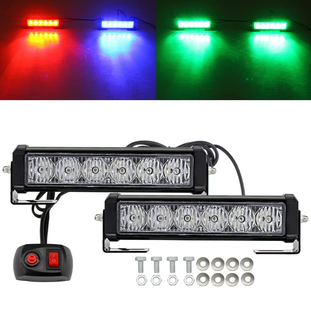 LED Emergency Strobe Lights Bar 2Pcs Red Blue Change Green Double Color Warning Police Grille Lights Bar Surface Mount Fit for Motorcycle POV Utility Vehicle Construction Vehicle and Tow Truck Van