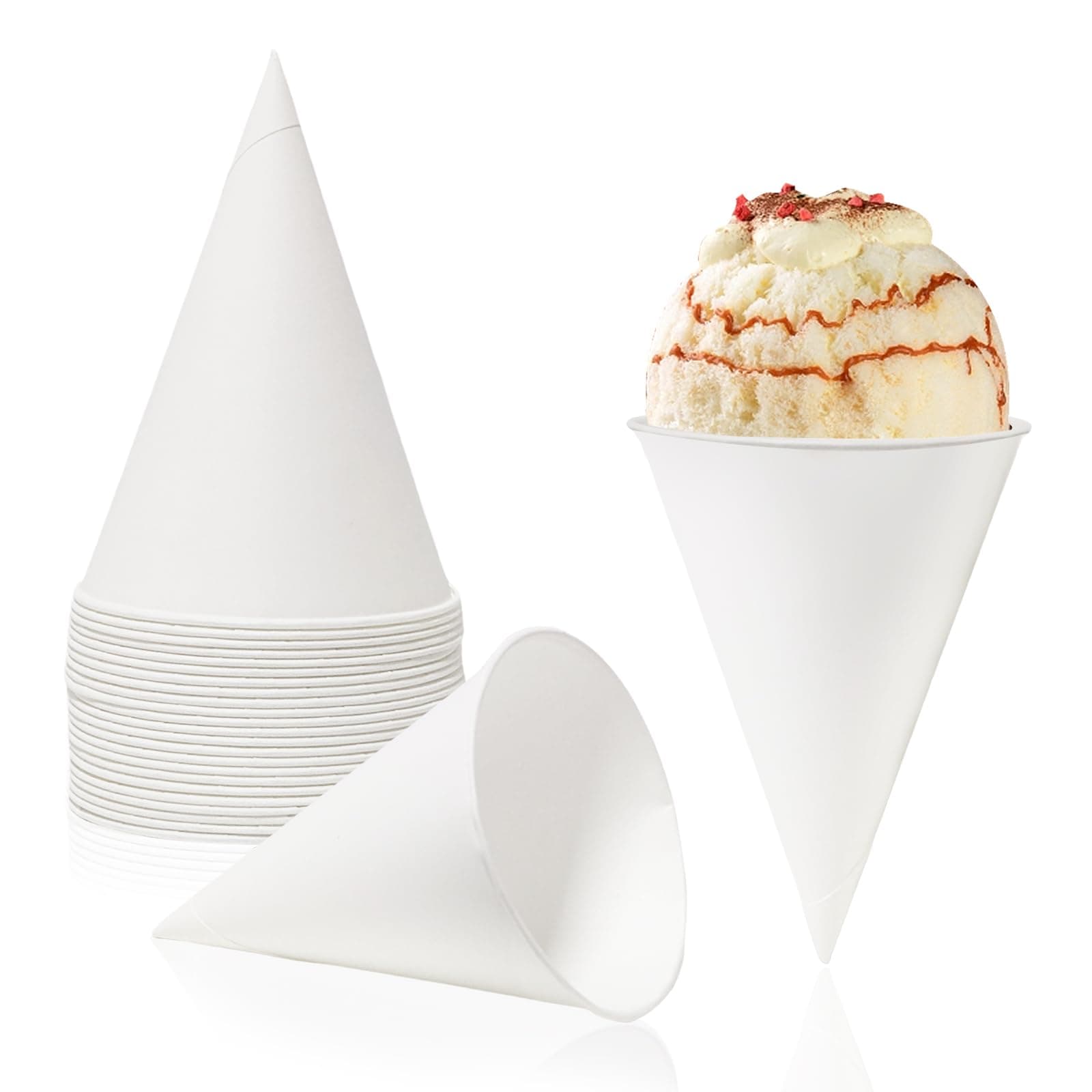 6 oz Snow Cone Cups, 50pc White Paper Cone Cups Wax Coated Leakproof Cone Paper Cups For Water Ice Cream and Shaved Ice (50)