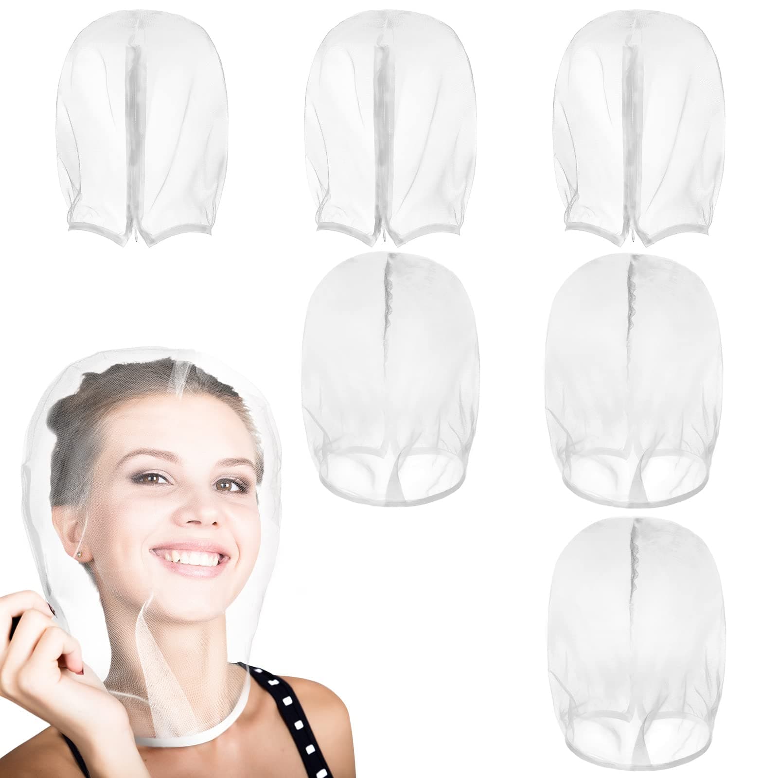 Loopeer 6 Pcs Makeup Protector Hood, Washable Light Airy Nylon Chiffon Face Cover, Protects Hair and Make up While Getting Dressed Zipper Closure Reusable Cosmetic Mask for Women Beauty Wedding(White)