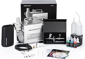 InoKraft Airbrush Kit with Air Compressor- 1/6 HP Quiet Air Compressor, Gravity Airbrush with 3 Tips 0.2, 0.3 & 0.5 mm- Hose, Holder, How-To Guide- Airbrush Paint Set for Model Painting gift 4 Colors