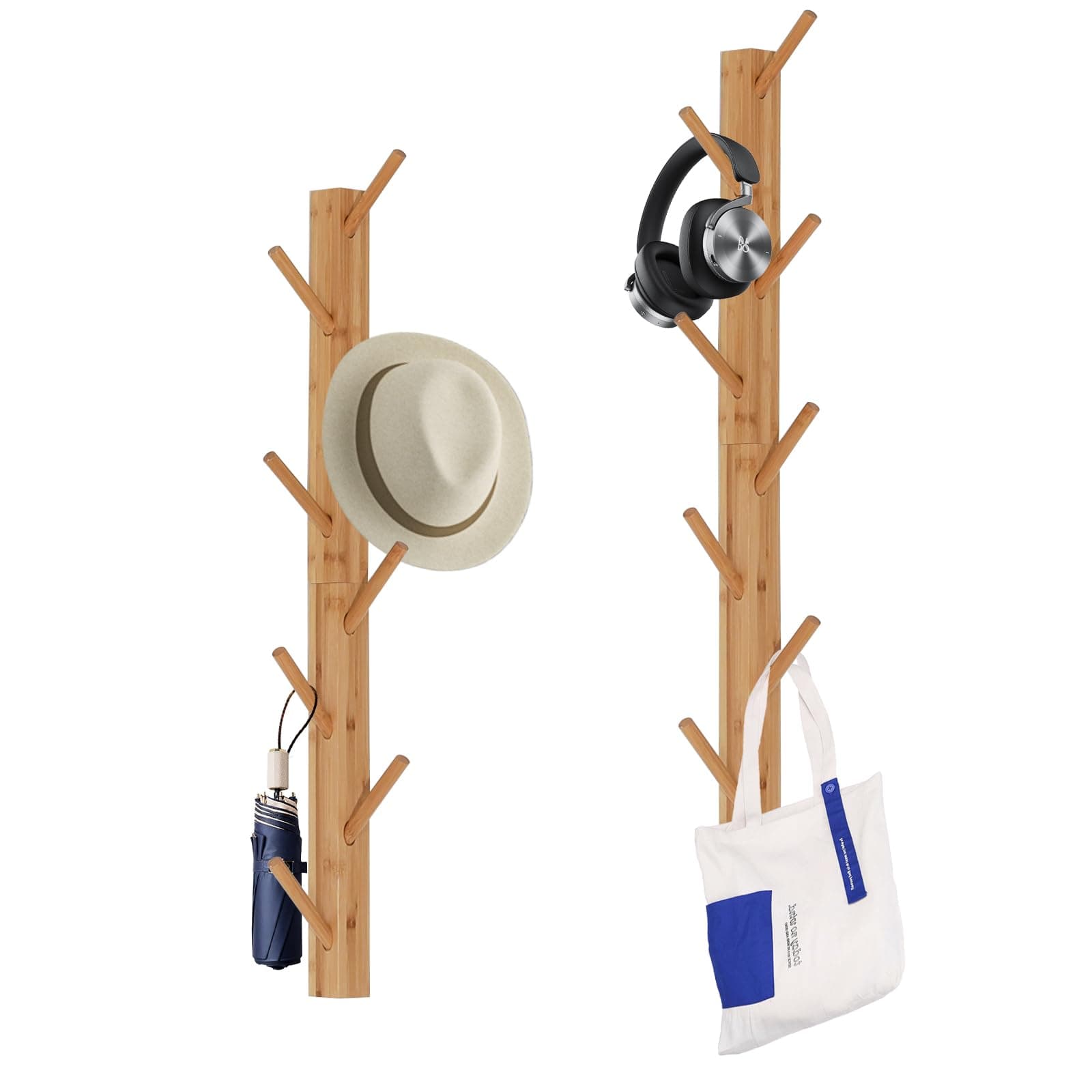 2-Pack Wood-Wall-Mounted-Coat-Hooks, Bamboo Vertical Coats Rack Holder Hanger with 8 Hooks Entryway Hanging Wooden Racks for Hanging Jacket Coat Hat in Entryway Office Bathroom(Natural)