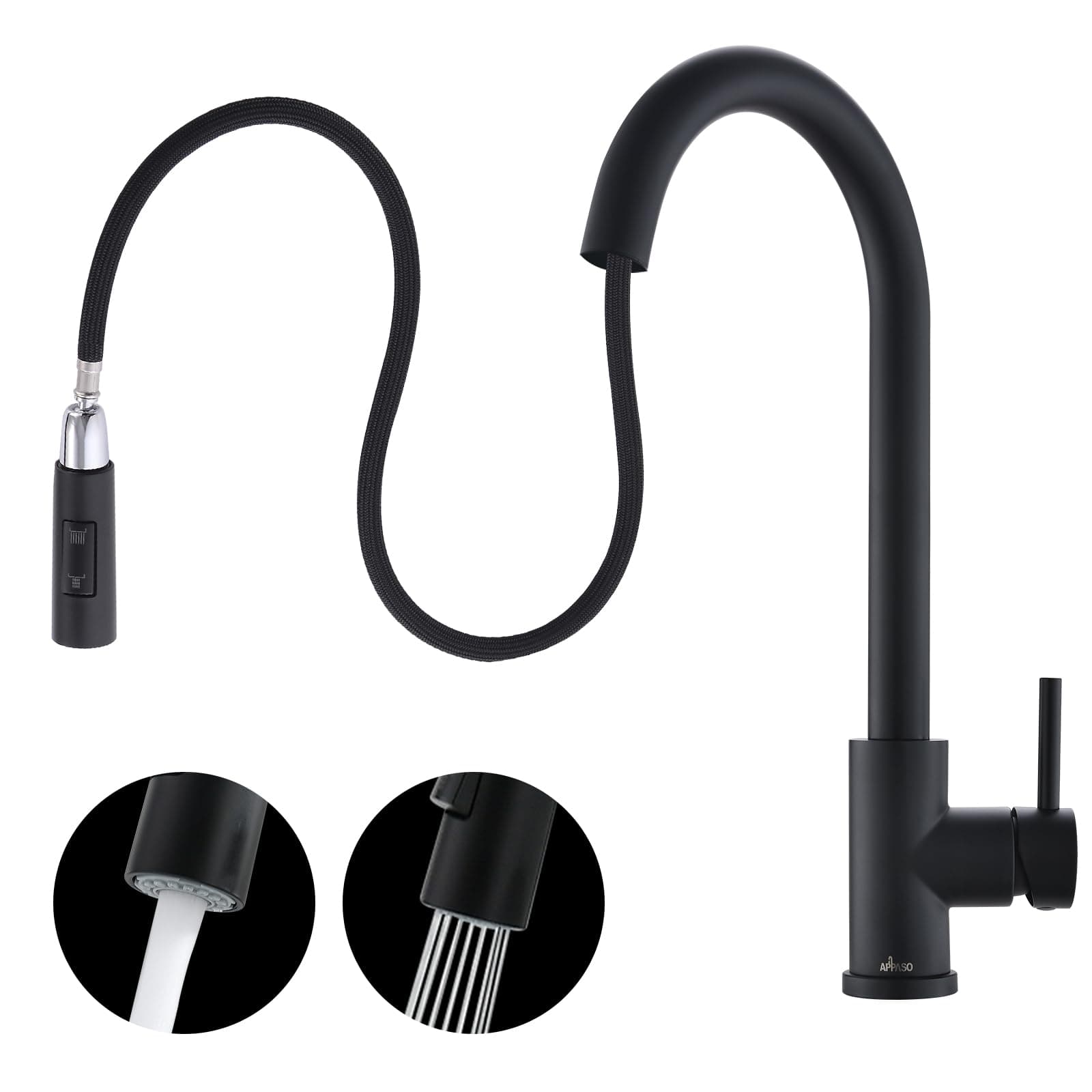 APPASO Black Kitchen Faucet, Modern Kitchen Sink Mixer Tap with Pull Down Sprayer Matte Black, Single Hole Stainless Steel Black Kitchen Mixer