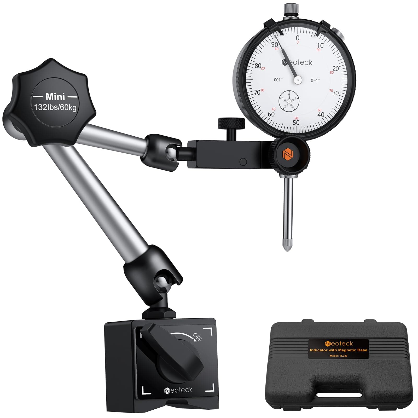 Neoteck Precision Dial Indicator Gauge 0-20mm with Magnetic Base 60kg/132lbs