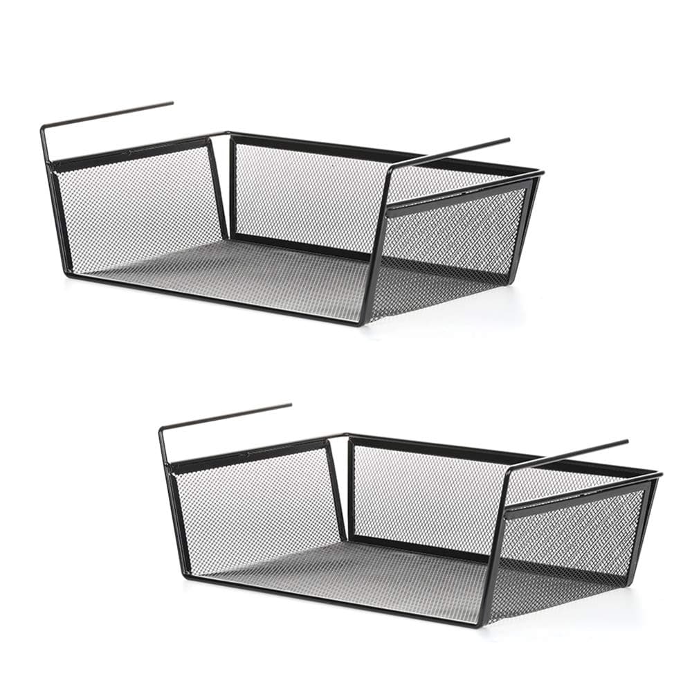 Under Shelf Basket 2 Pack Hanging Under Shelf Storage Organizer Black Metal Mesh Wire Grid Under Table Shelf Storage Basket Rack for Pantry Cabinet Desk Bookshelf Office Closet