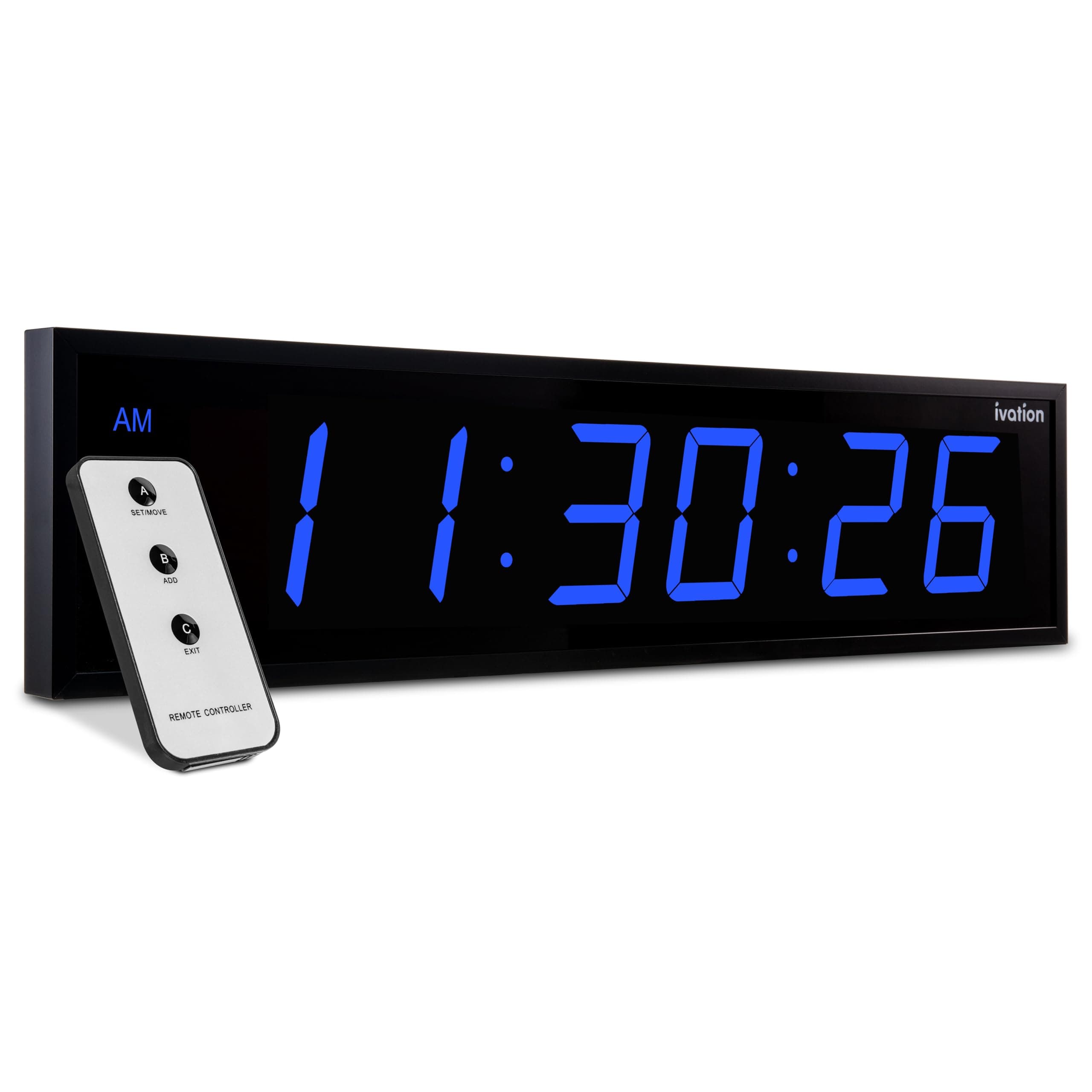 Ivation Oversized Large Digital Wall Clock - Big LED Digital Clock w/Large Display & Durable Aluminum Frame, Shelf or Wall Mount (24 Inch - Blue) 6 Brightness Levels | Time Memory | Remote