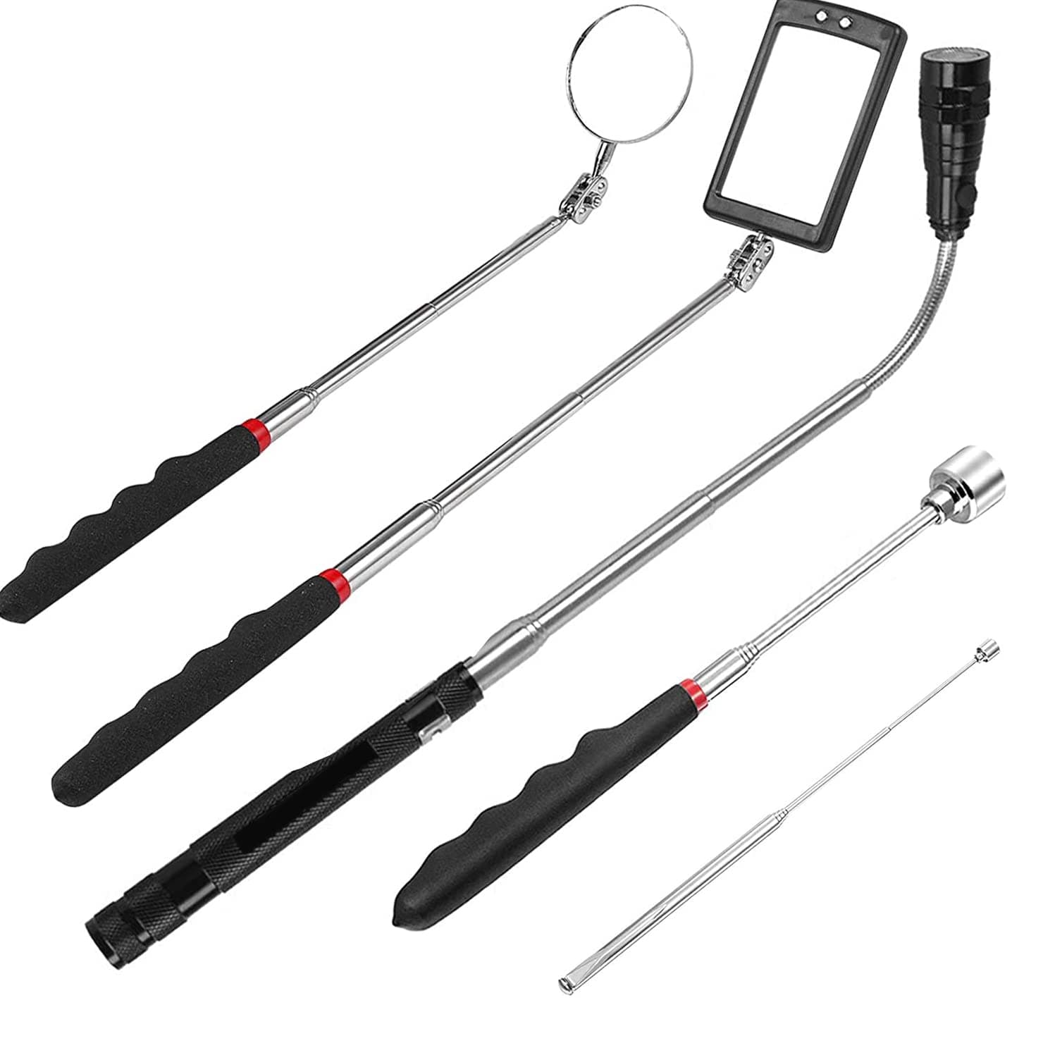 5PCS Magnetic Telescoping Pick-up Tool Kit with 20lb and 1.5lb Pick Up Rod, Round and Square 360 Swivel Adjustable Inspection Mirror and Telescoping Flexible LED Flashlight (Batteries Included)