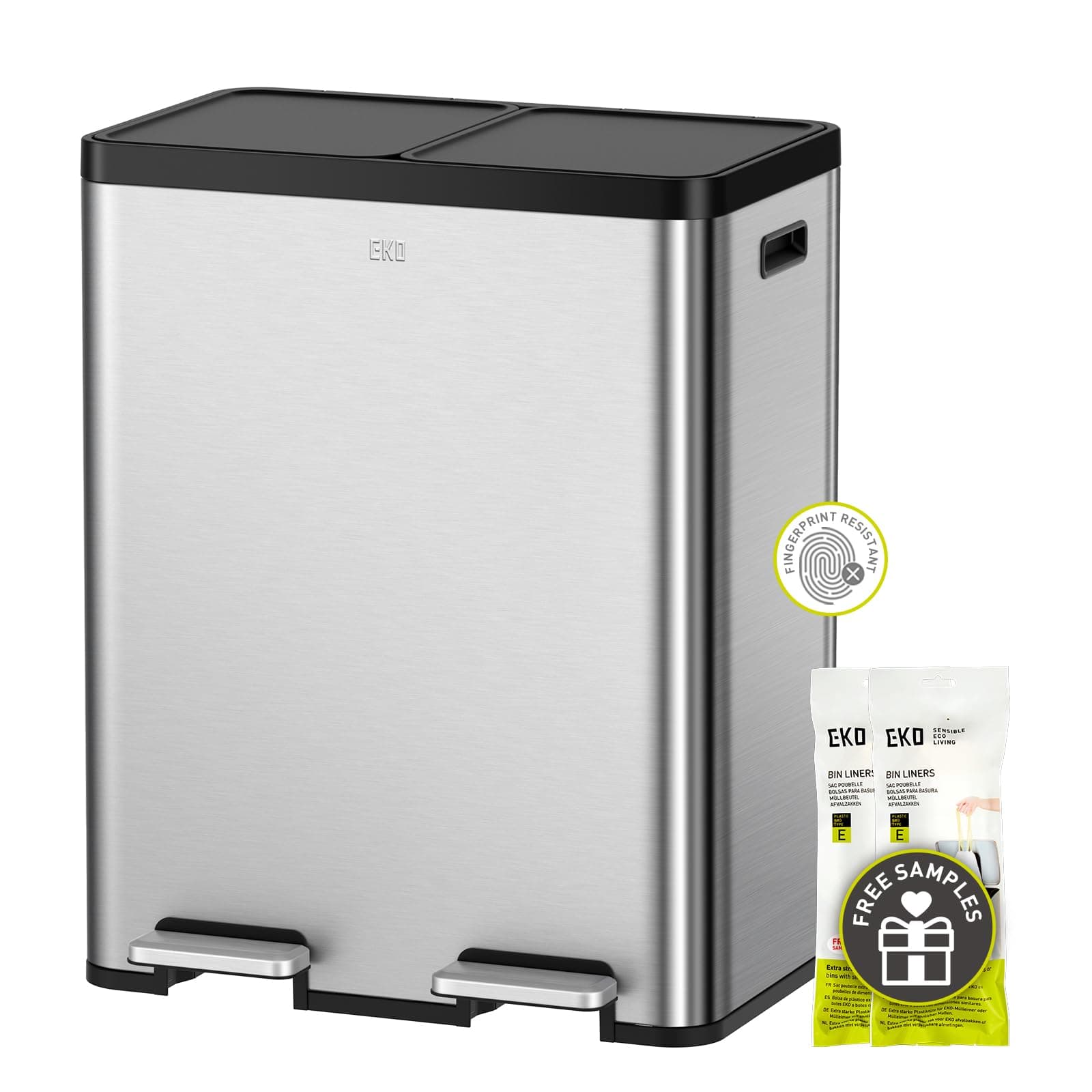 Essential 8+8 Gallon Dual Trash Can, Kitchen Step Recycle Trash Can with Dual Removable Bucket, Independent Lids and Pedals, Brushed Stainless Steel