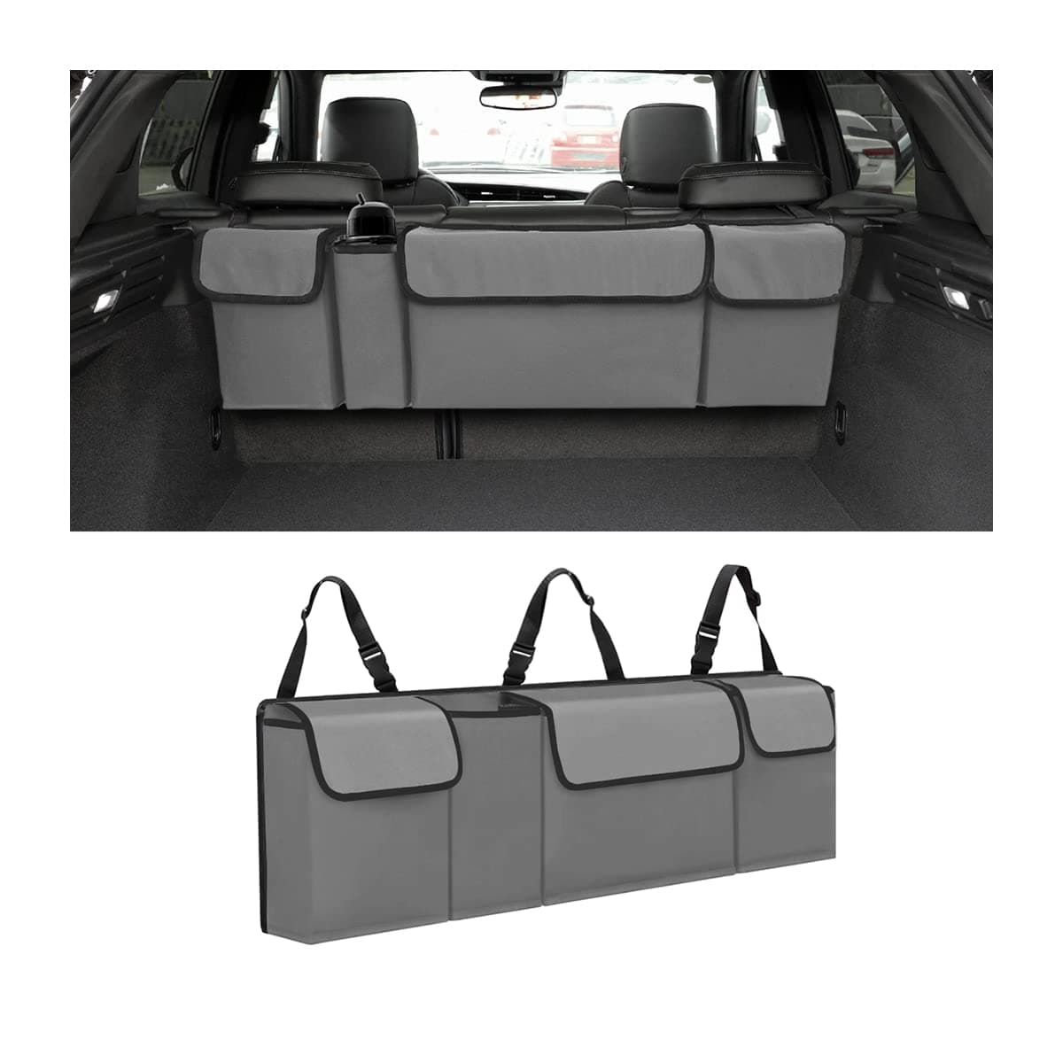 Car Trunk Organizer, Backseat Hanging Large Storage with Adjustable Straps, Waterproof Collapsible Cargo Bag with 4 Pockets, Sturdy Space Saver Frees Trunk Floor for SUV, Truck, MPV