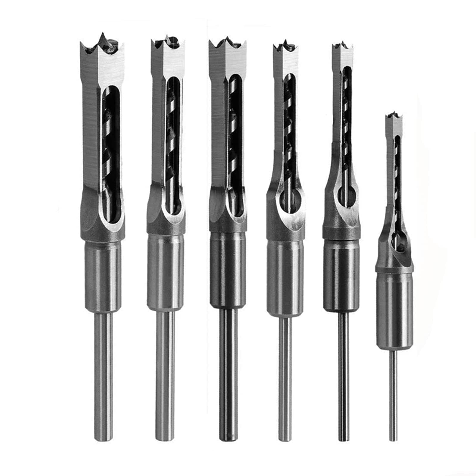 6Pcs Wood Square Hole Drill Bits Mortising Chisel Set, Mortise Chisel & Bit Set, Woodworking Mortiser Drill Bit 1/4-Inch, 5/16-Inch, 3/8-Inch, 9/16-Inch, 5/8-Inch, 1/2 -Inch