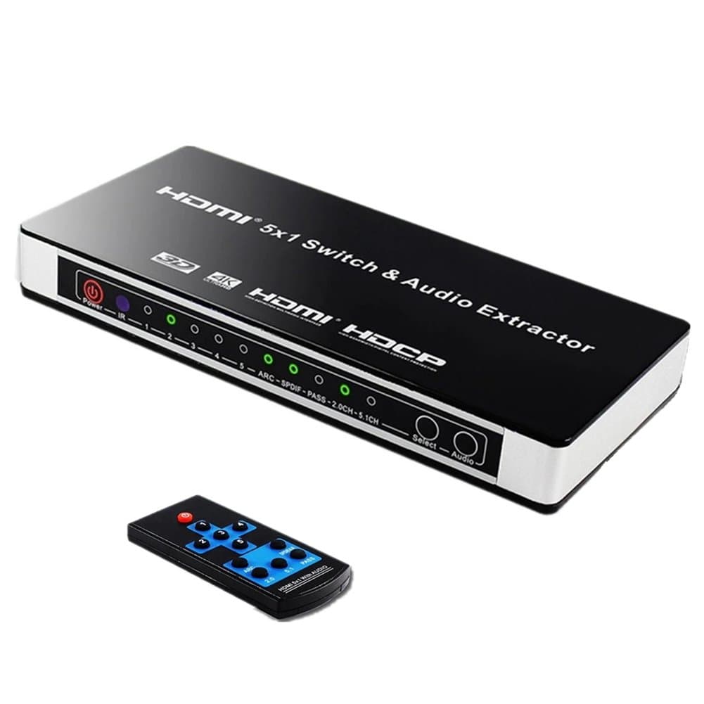 HDMI Switch Audio Extractor, Intelligent 5X1HDMI/MHL Switch with Audio Optical,4K x 2K Ultra HD 5 Port HDMI Switcher Box Selector Audio Extractor Splitter with IR Remote Support ARC,3D,1080p for HDTV