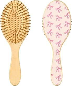 Blueangle Wooden Brush with Wooden Bristles - Pink Bow Print Oval Wood Curly Hair Brush for Detangling and Styling for Womens Girl Hair